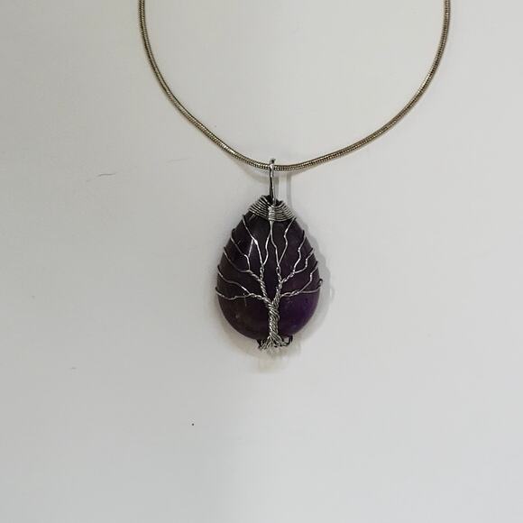 Tree of Life Amethyst Pendant Necklace with Wire Wrapped Purple Gemstone Jewelry - Picture 3 of 10